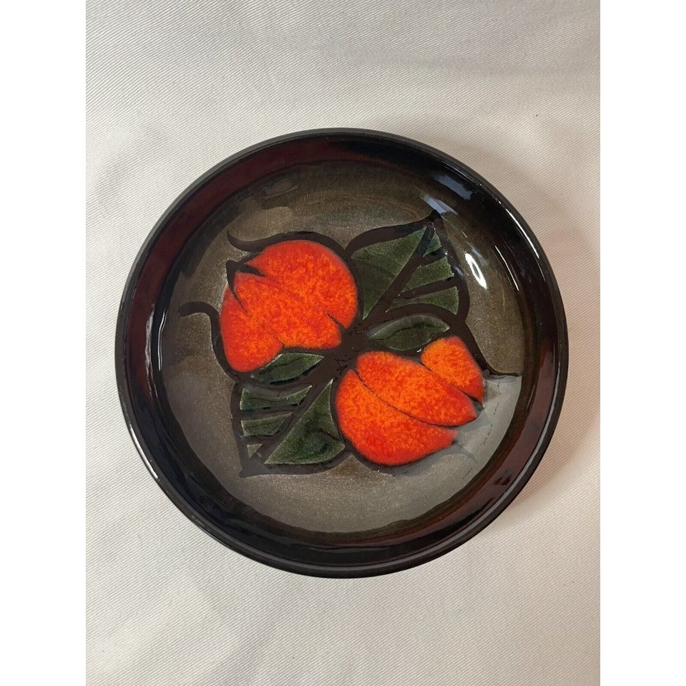Pottery Dish Trinket Brown Orange Red Flower German Signed “Handmade Burkhart” ?